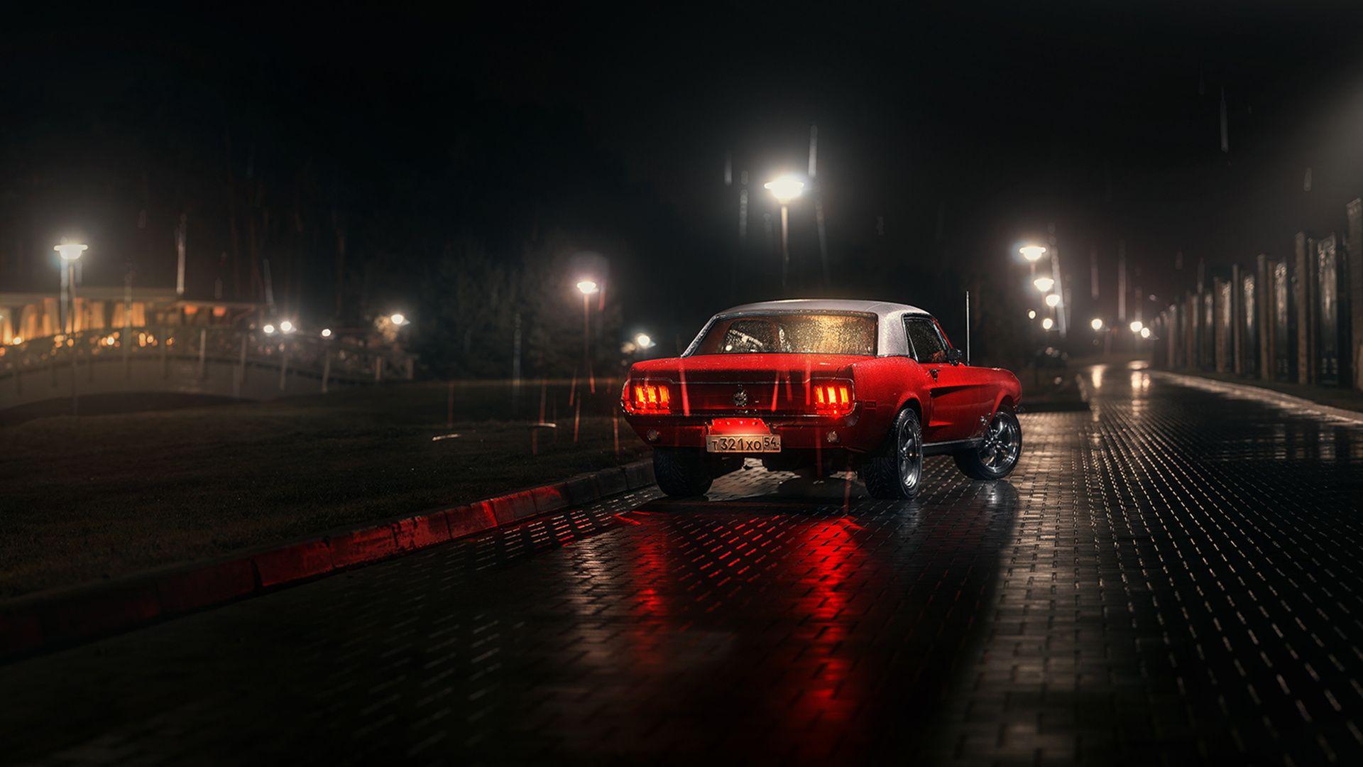 Image Ford Mustang 1967 Rain Street Night Pavement 1920x1080