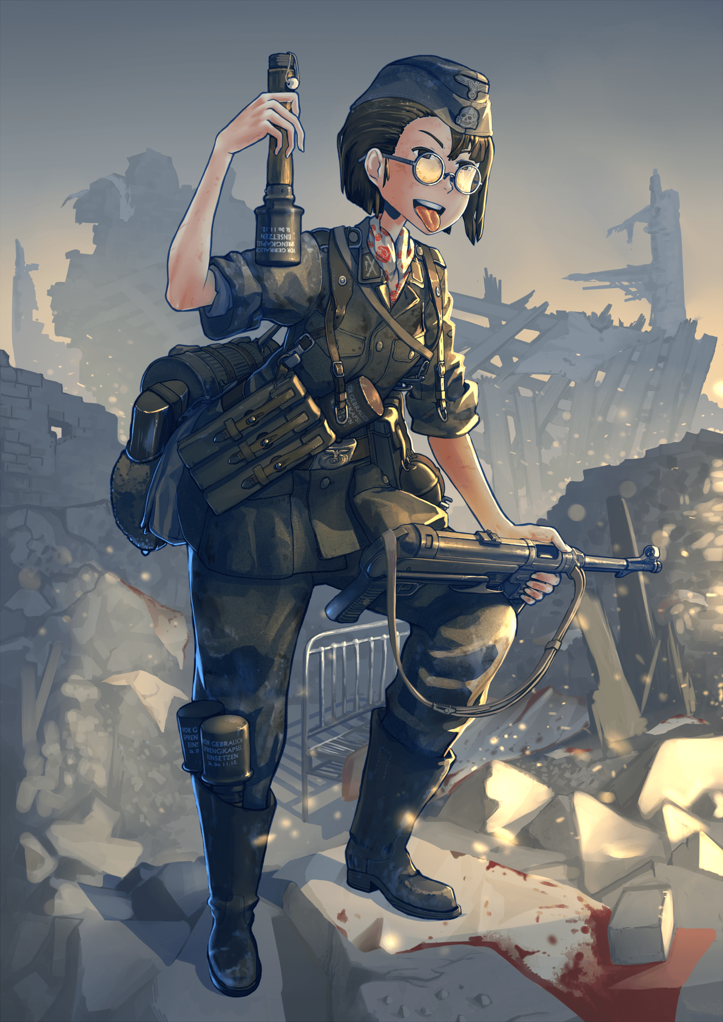 Wallpaper, gun, anime girls, short hair, glasses, weapon, soldier