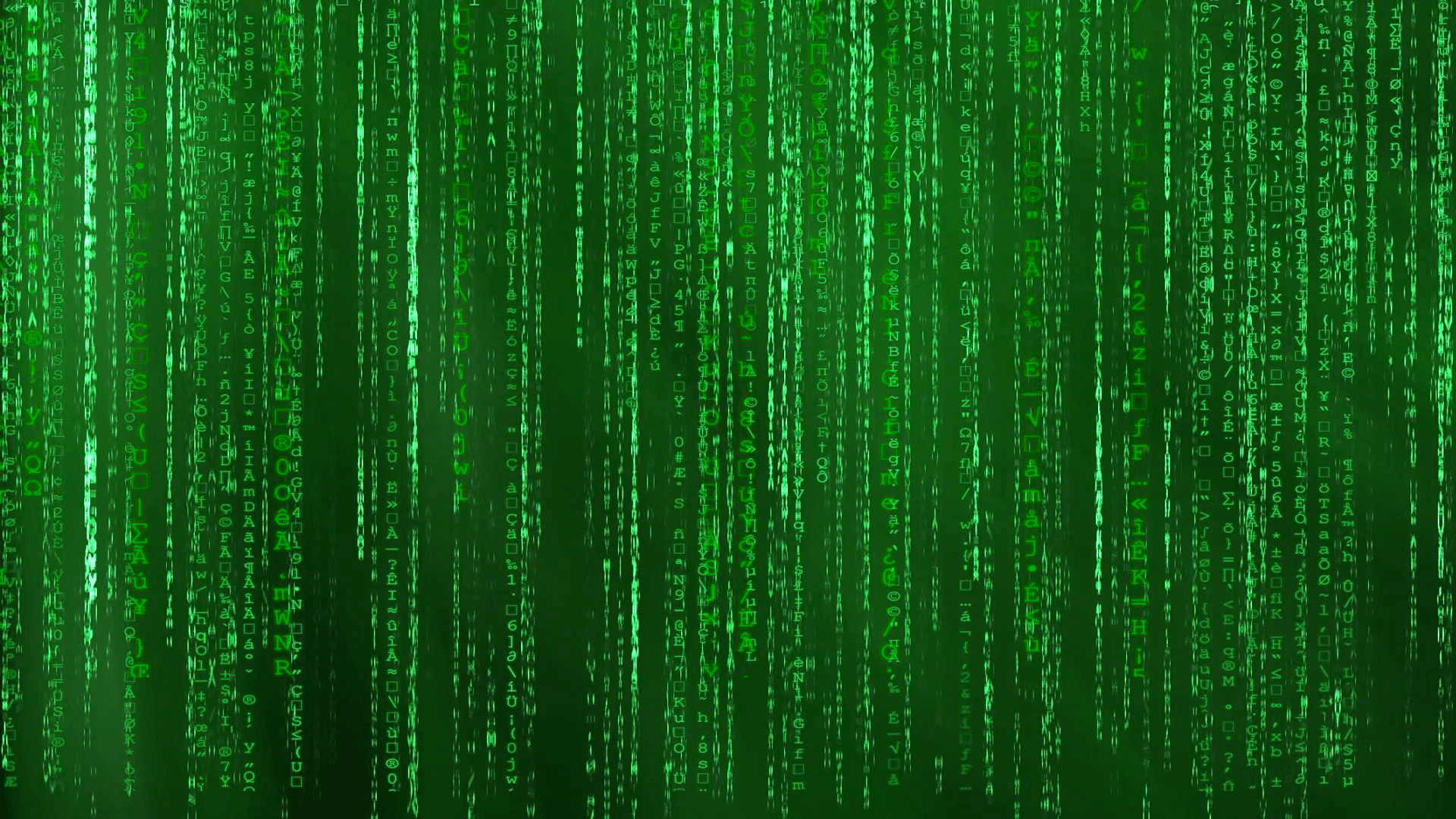 Green animated matrix background, computer code with symbols