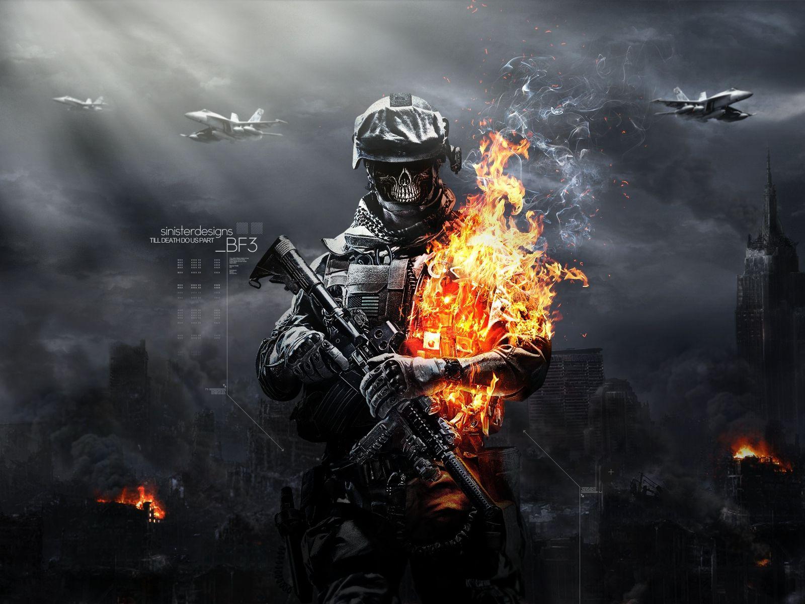 Download HD Battlefield 3 Skull Fire Gun Ammunition Wallpaper