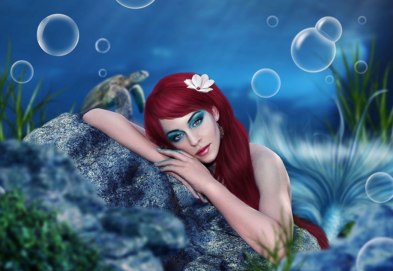 Image Mermaid Underwater world Redhead girl Girls Fantasy 3D