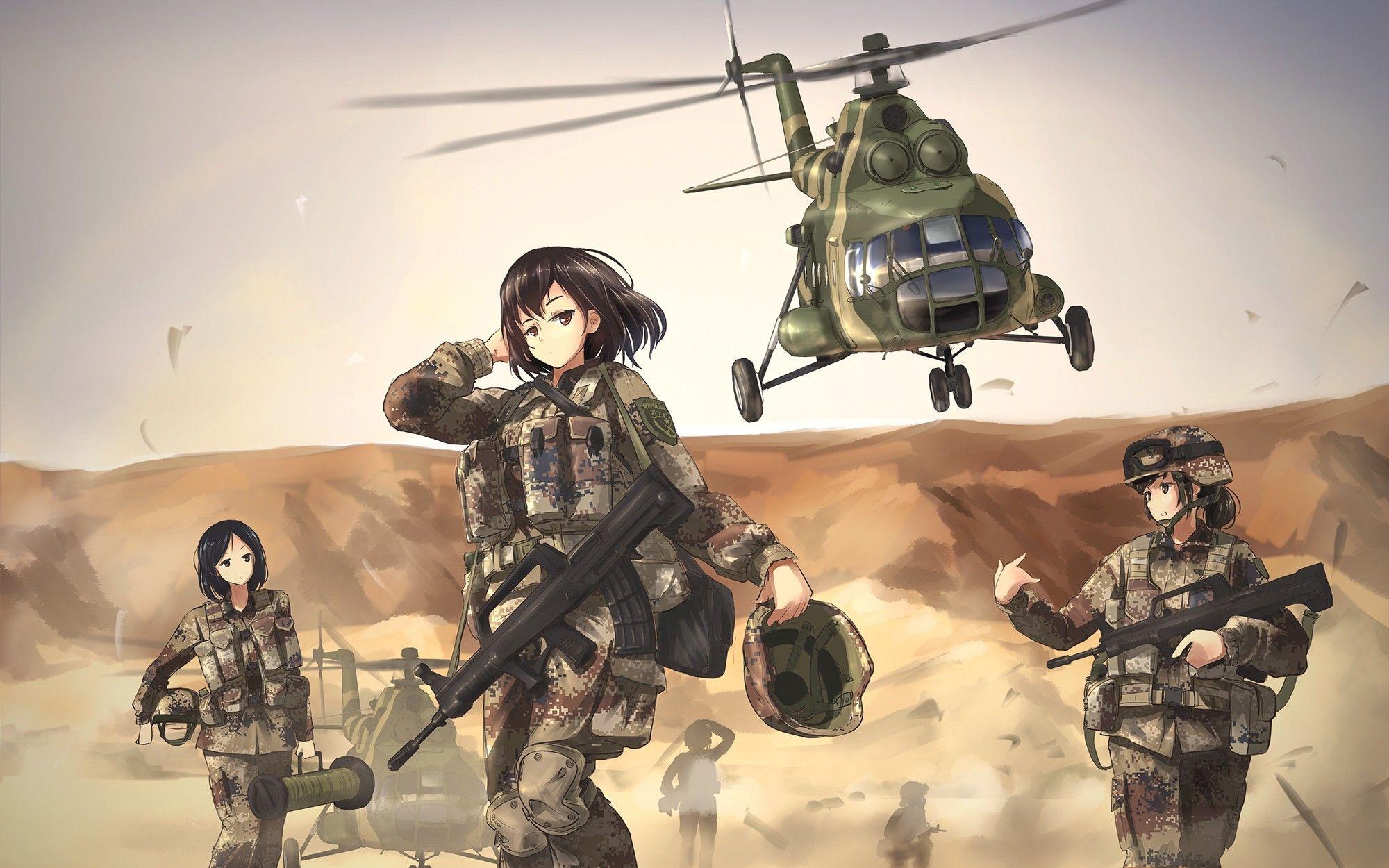 Wallpaper, women, anime girls, weapon, aircraft, soldier, military