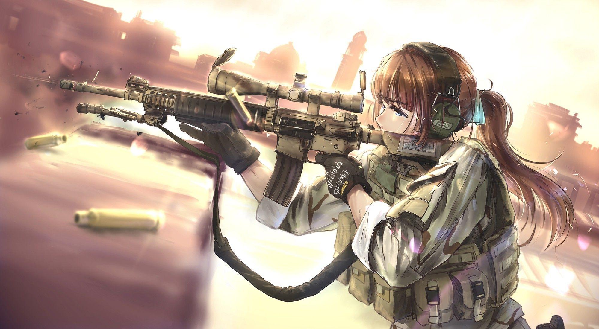 Wallpaper, women, anime girls, weapon, soldier, military