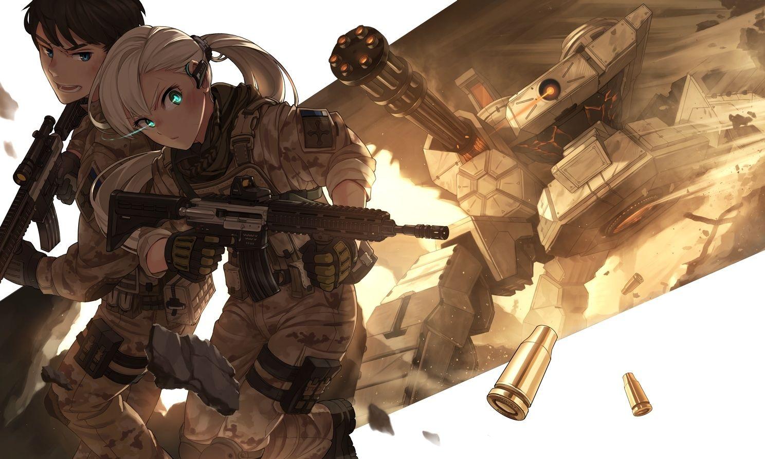 Wallpaper Anime Girl, Military, Soldier, Anime Boy, Guns, White