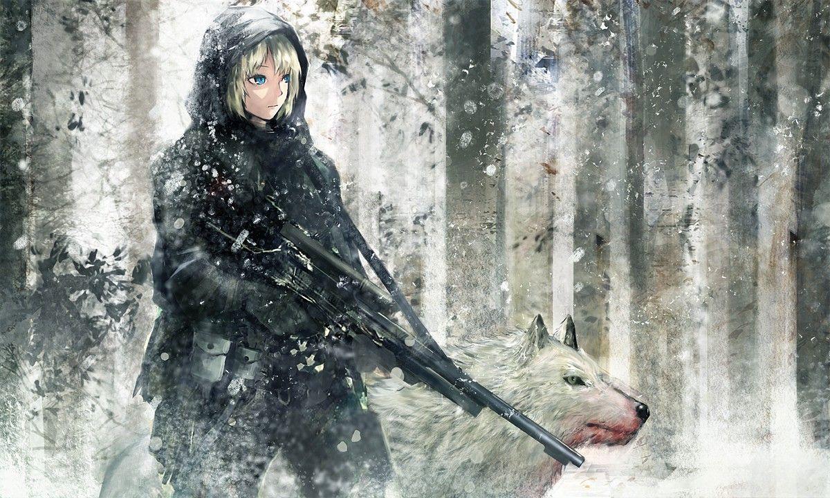 Anime lady mercenary & white wolf. アニメ狼, イラスト, アニメイラスト