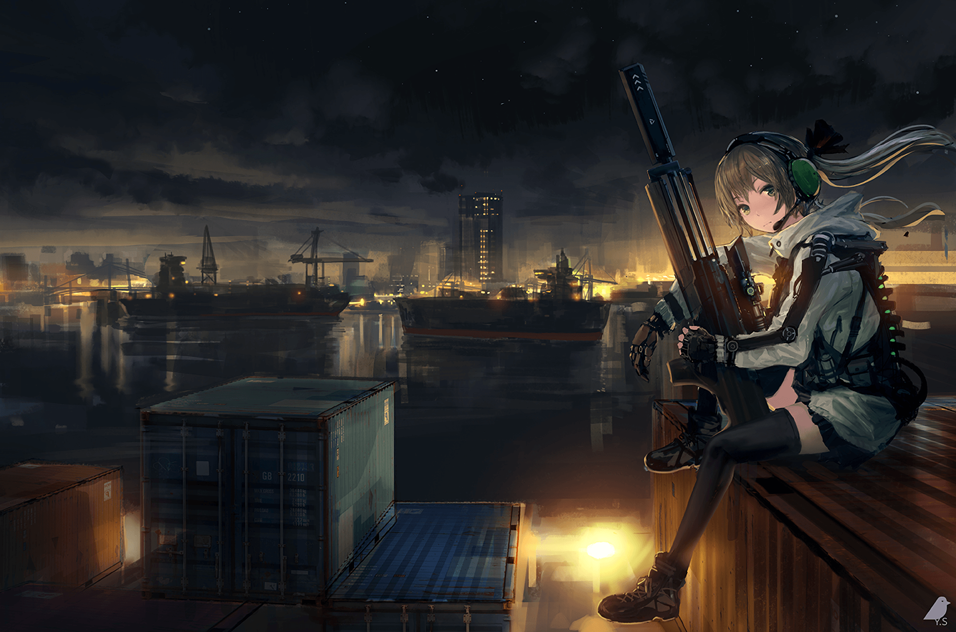 Wallpaper Anime Girl, Soldier, Sitting, Sniper, Artwork