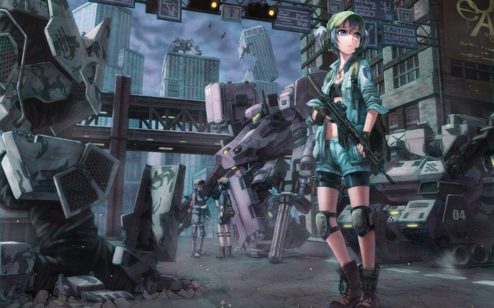 guns, military, robots, futuristic, science fiction, anime girls