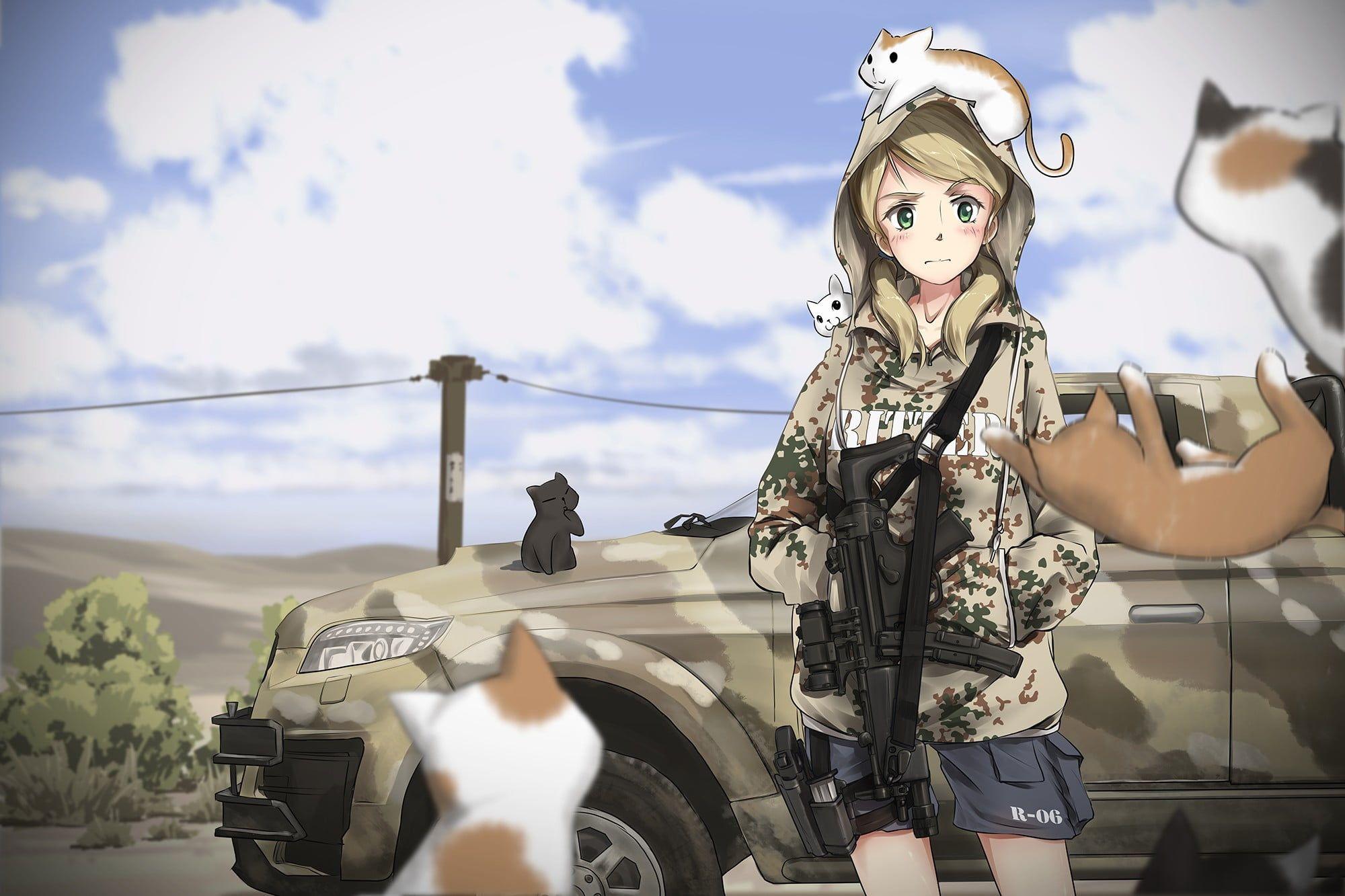 Anime character female in digital camouflage hoodie holding rifle HD