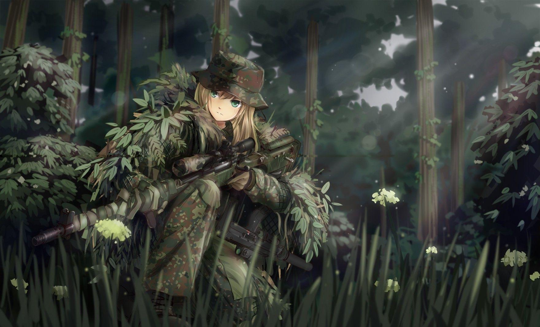 Wallpaper, forest, gun, fantasy art, anime girls, grass, weapon