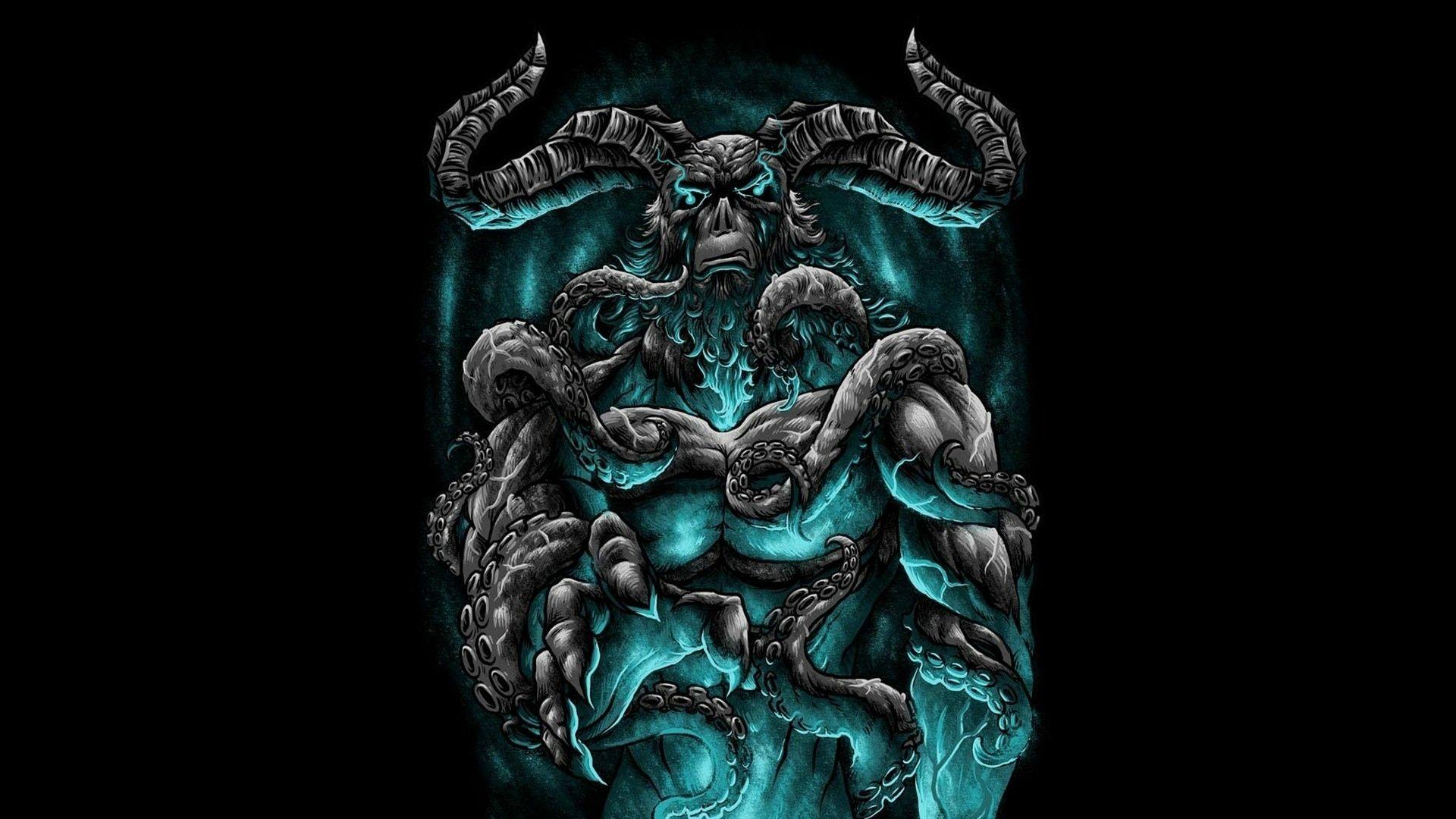 Download wallpaper 1920x1080 demon, horns, tentakles, art HD background