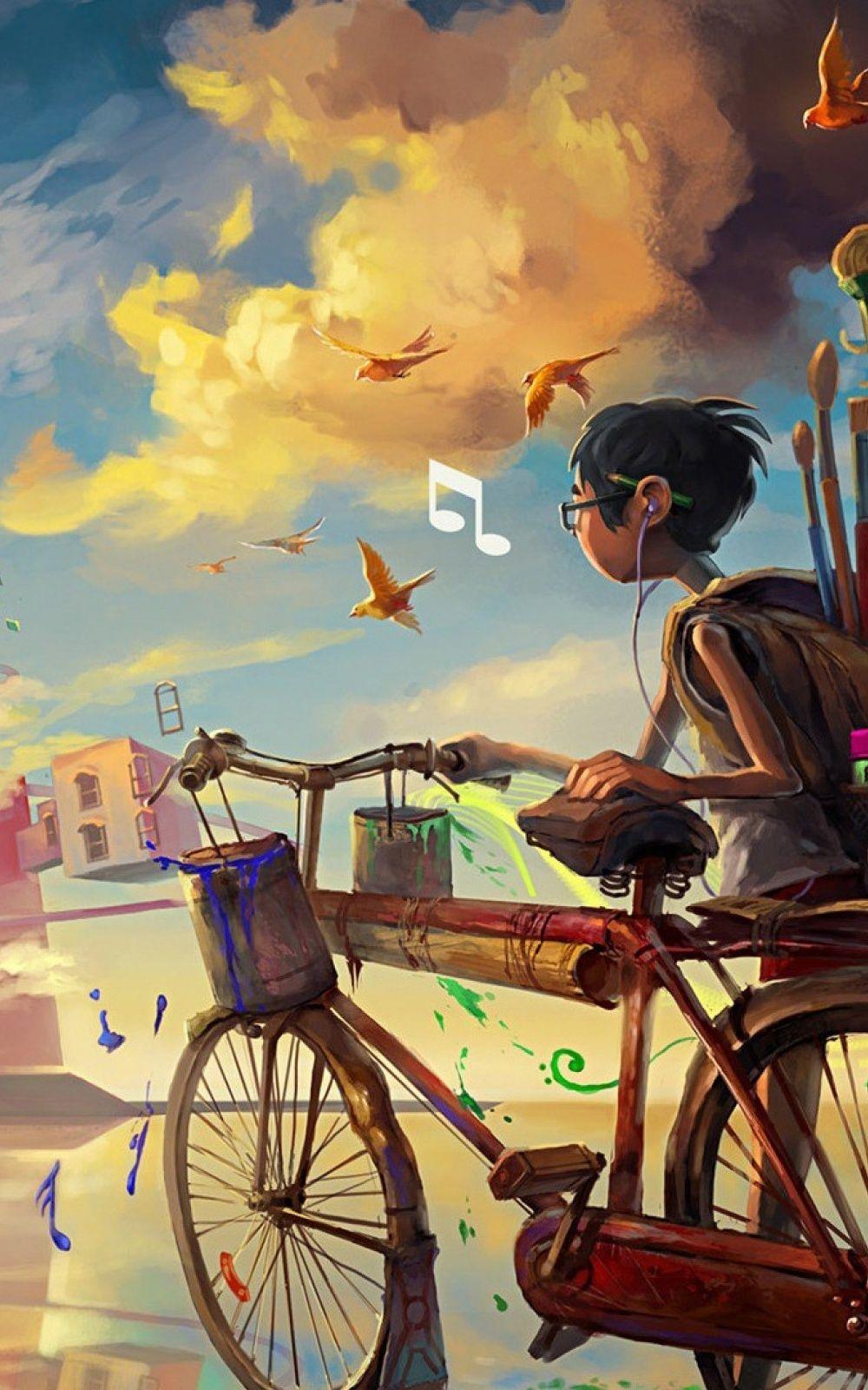 Boy On Bike Music Notes Drawing Android Wallpaper free download