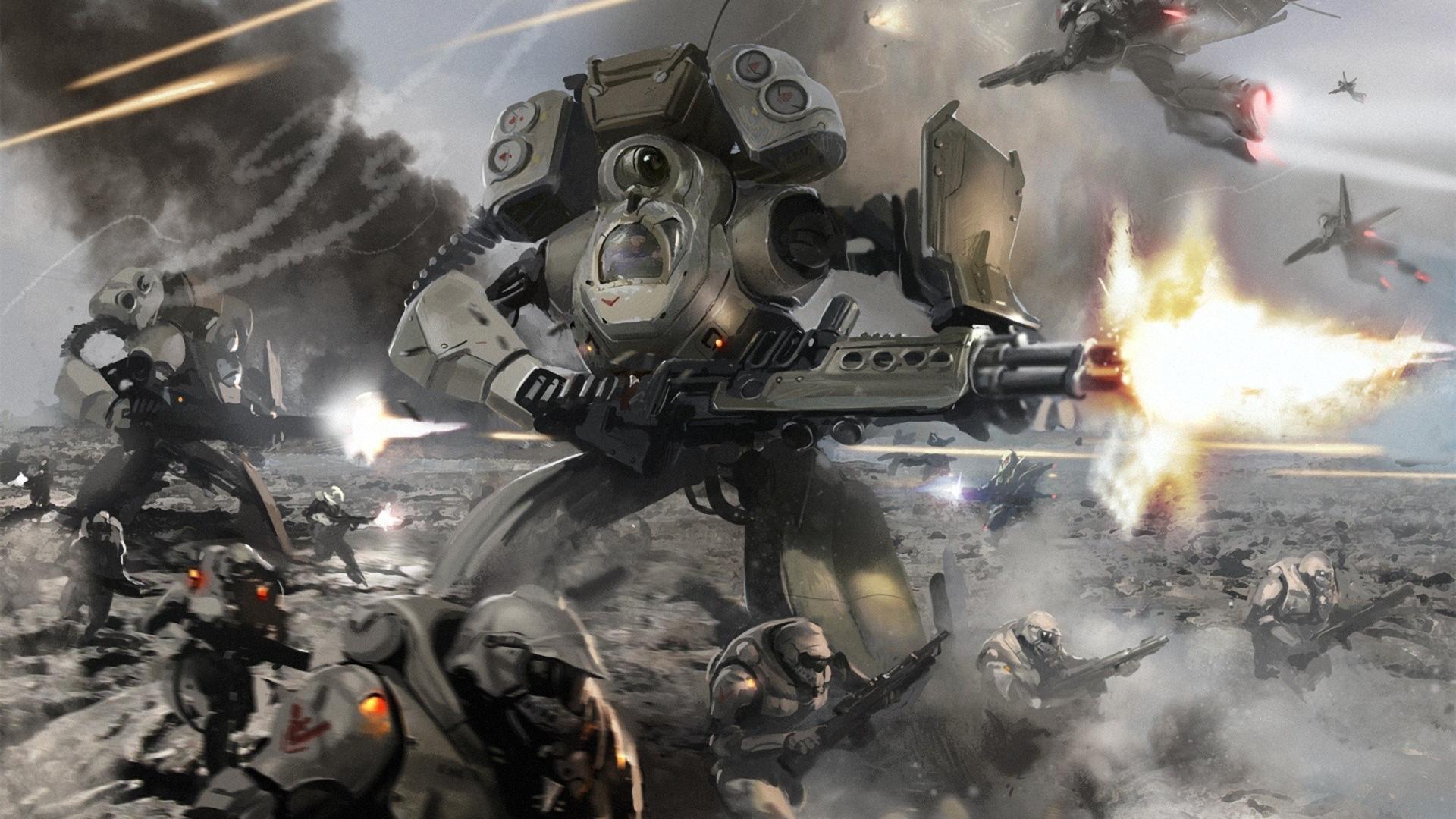 Fantasy Guns Explosions Warfare Mech Sci Fi Action Wallpaper