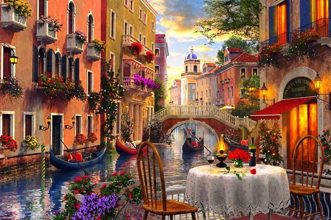 Waterfall Houses Painting Venice Canal Flowers Table Artwork Chairs