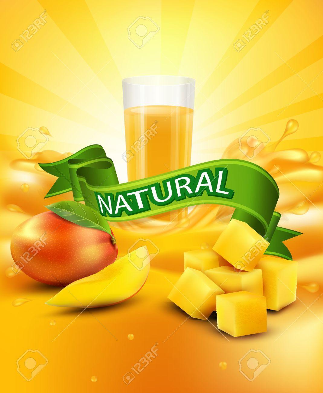 vector background with mango, a glass of juice, slices of mango