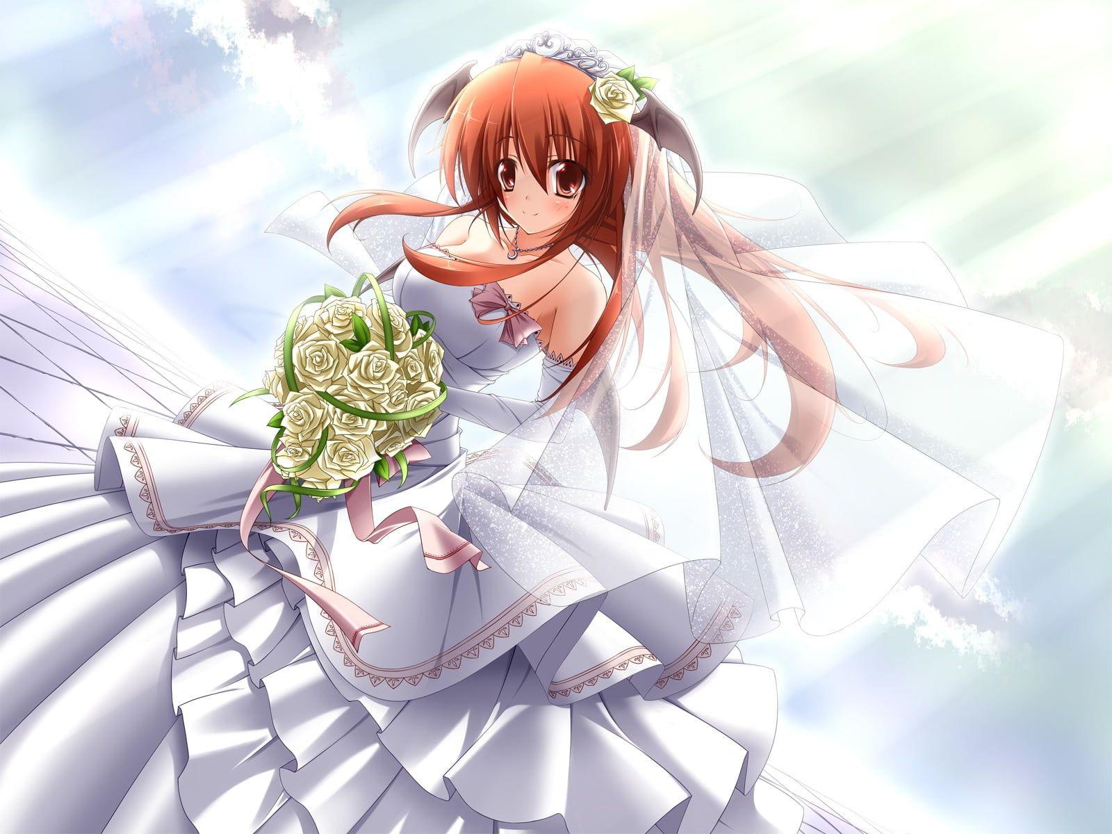 Orange haired Anime Woman character in white wedding dress HD