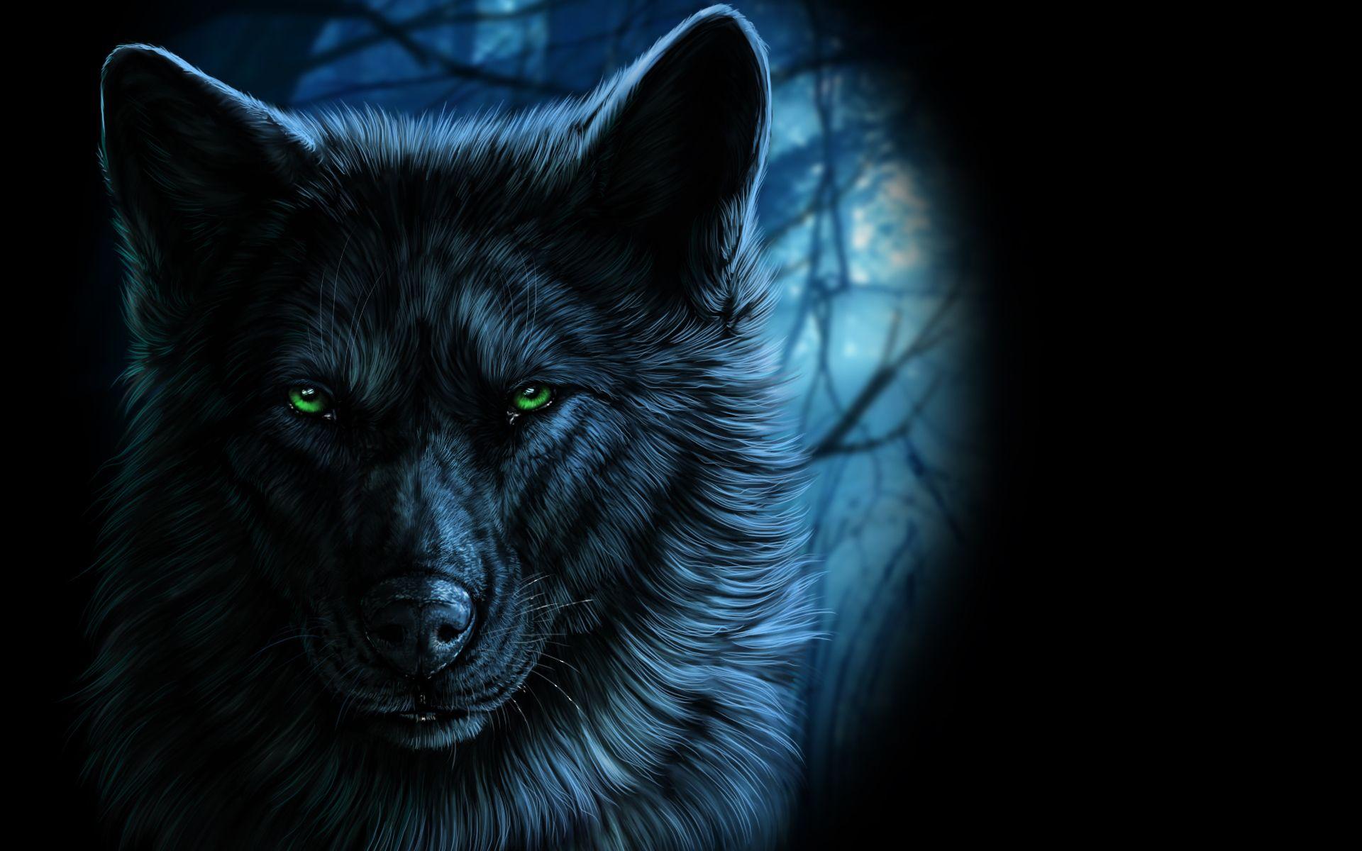 Fantasy Portrait Of Wolf With Green Eyes In The Dark By Wolfroad