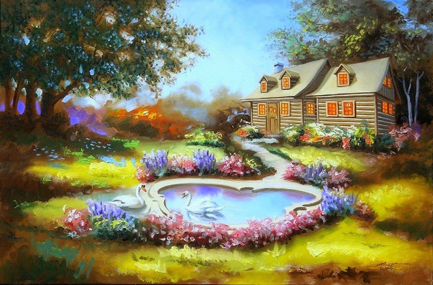 Houses: Sweet Swans Home Ca Flowers Paintings Colors Trees Nature