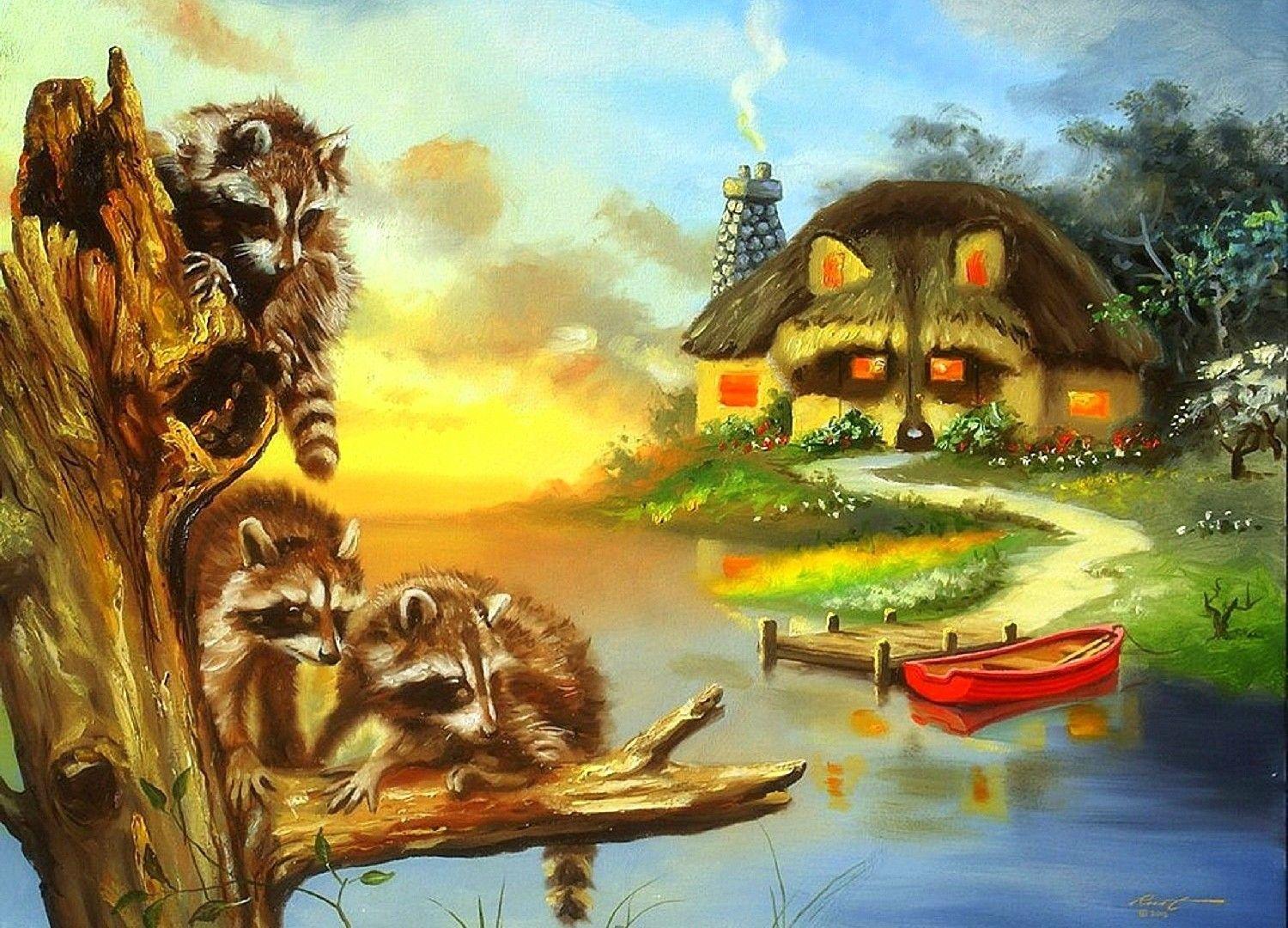 Other, Raccoon, Cottage, Wildllifes, Paintings, Colors, Boats