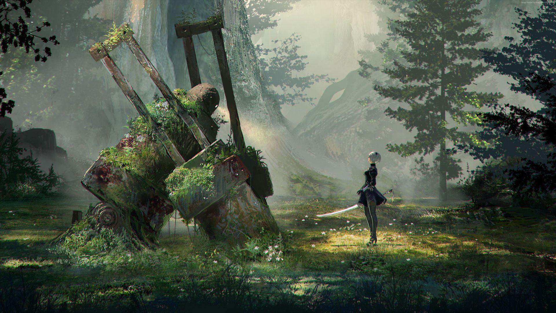 2B standing in front of a wreck Wallpaper from Nier: Automata