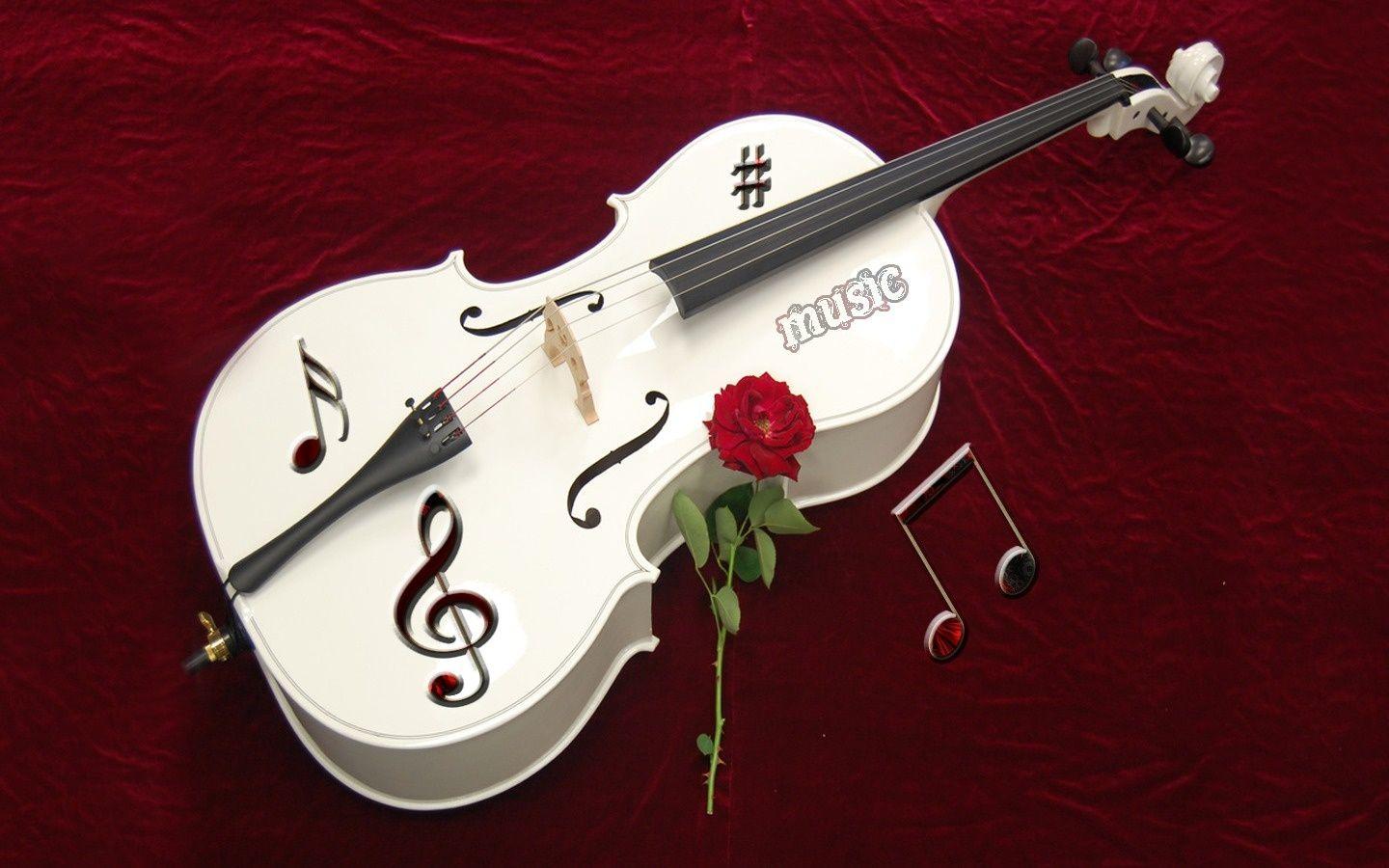 White Violin And Rose Flower Wallpaper