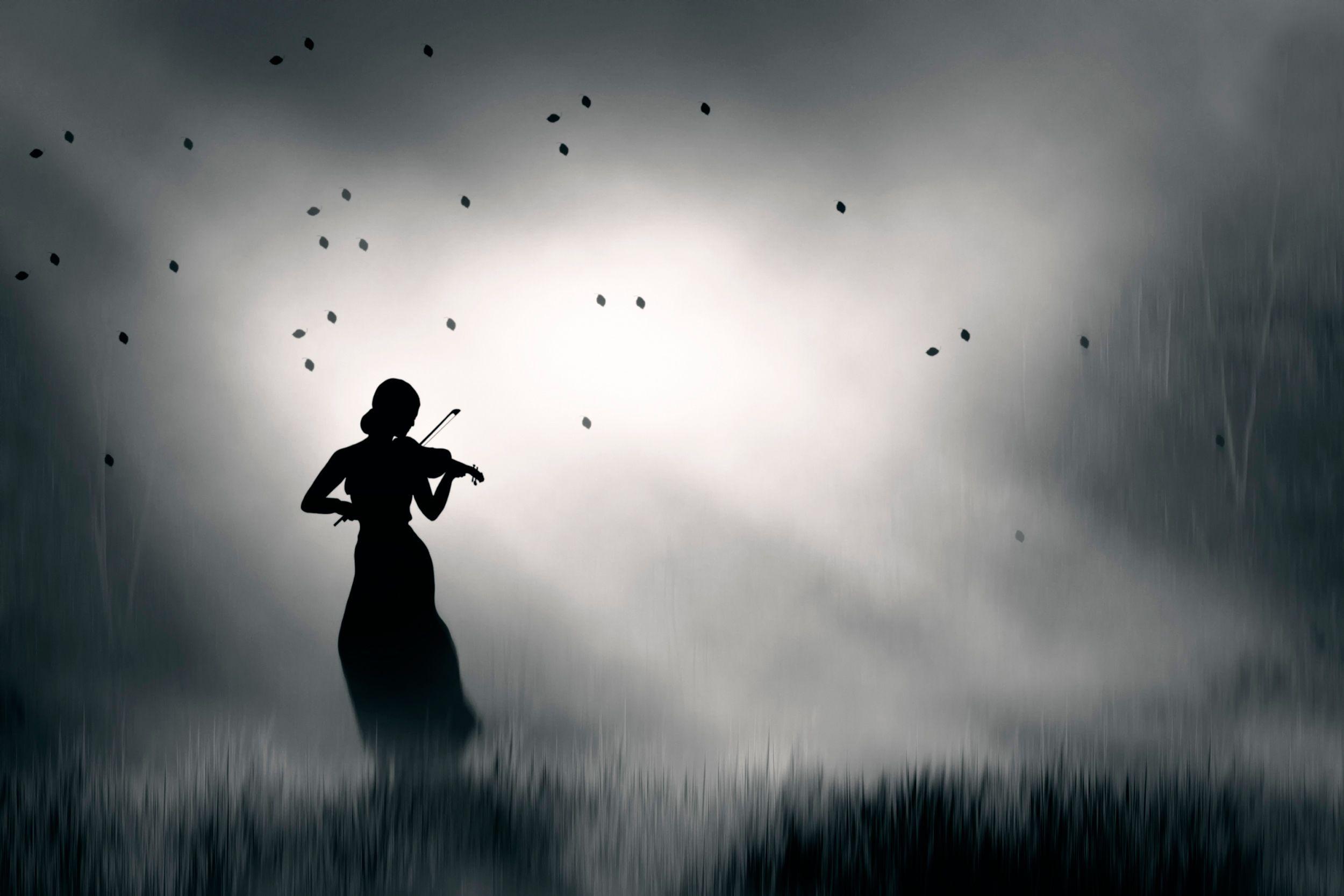 woman, violin, sky, splendor, music, nature, lady, black and white