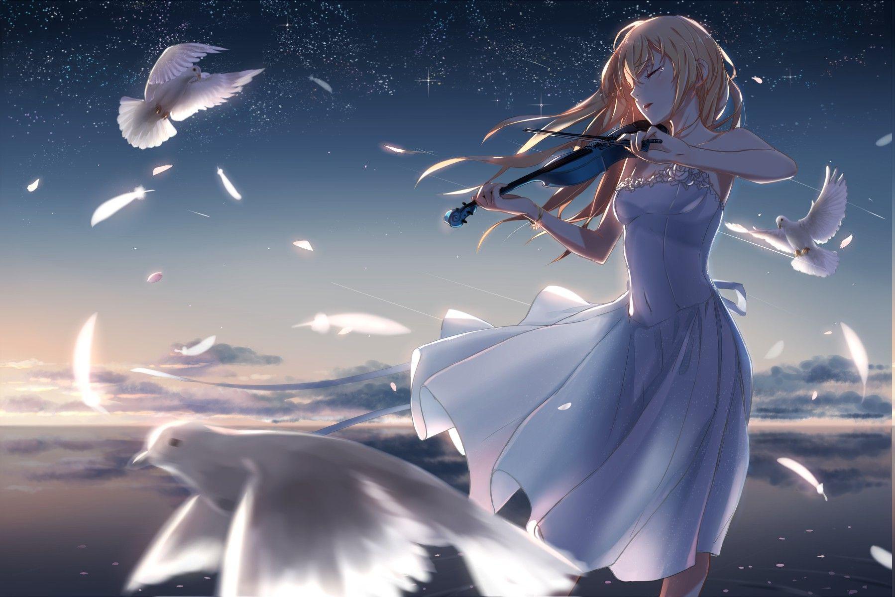 Wallpaper, birds, long hair, anime girls, water, space, sky, white