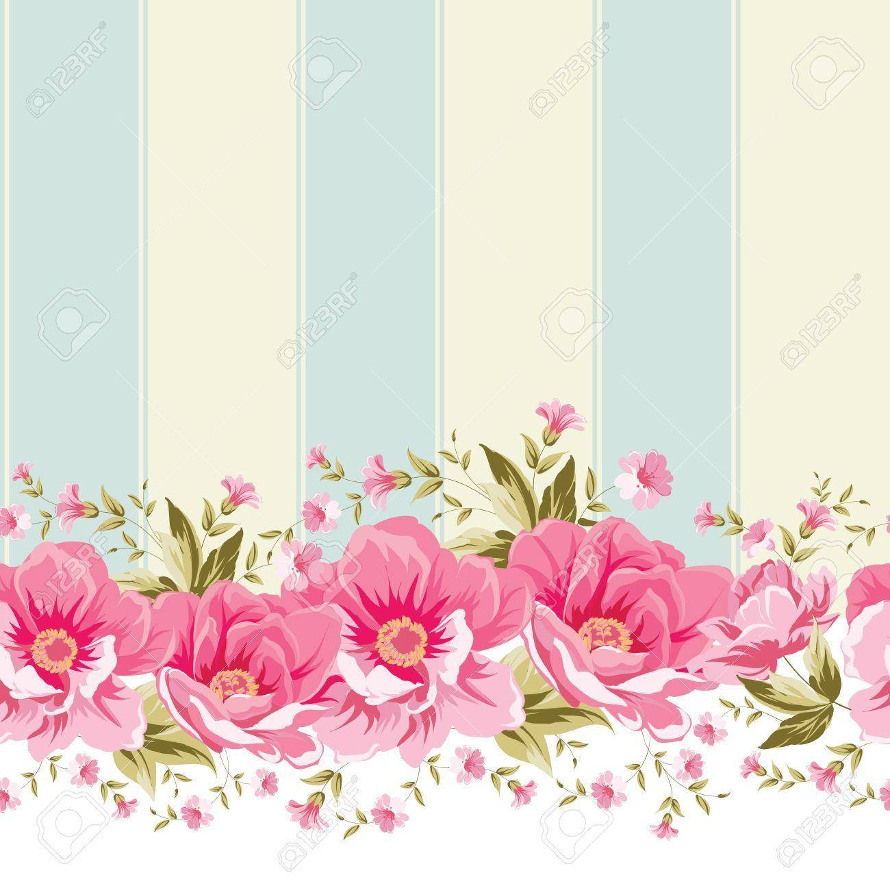 Ornate Pink Flower Border With Tile. Elegant Vintage Wallpaper