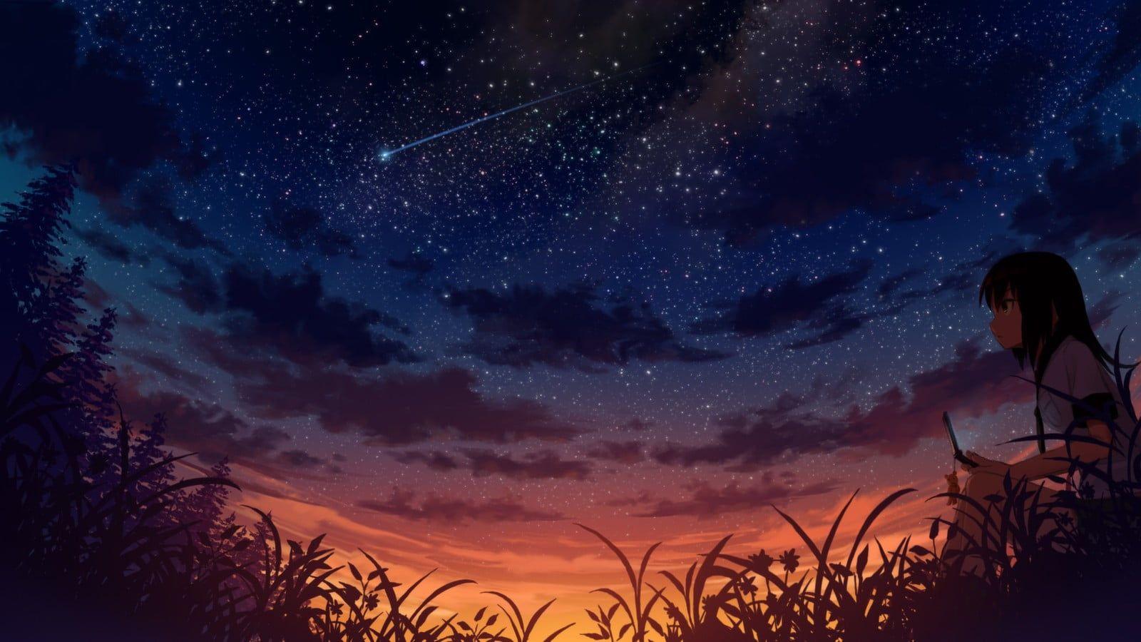 Night sky with shooting star on display anime digital wallpaper HD