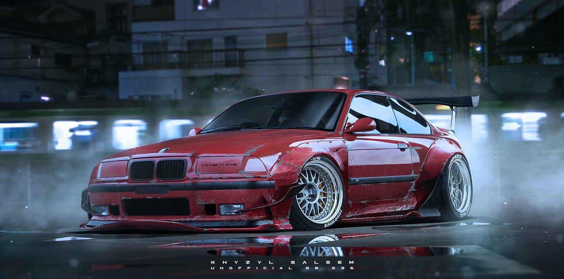 Wallpaper, render, artwork, Drifting, sports car, BBS, BMW E36