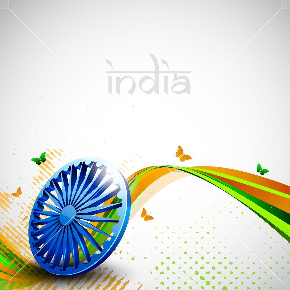 Indian Flag Color Creative Wave Background With 3D Asoka Wheel