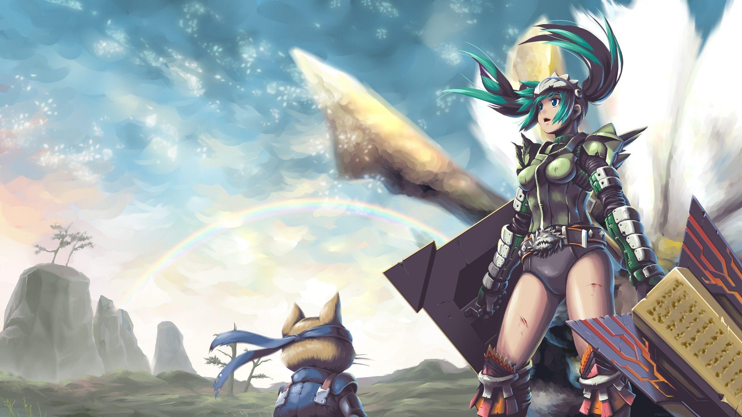 ecchi blue eyes weapons fantasy art armor green hair artwork anime