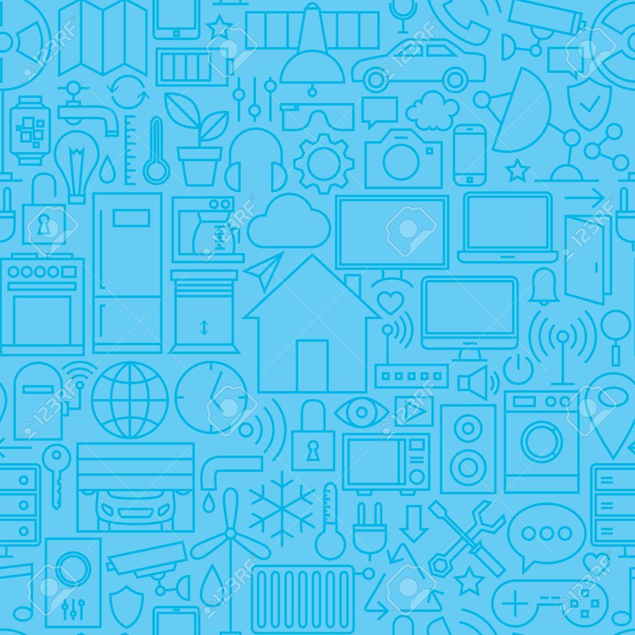 Thin Smart Home Line Seamless Light Blue Pattern. Background Check All