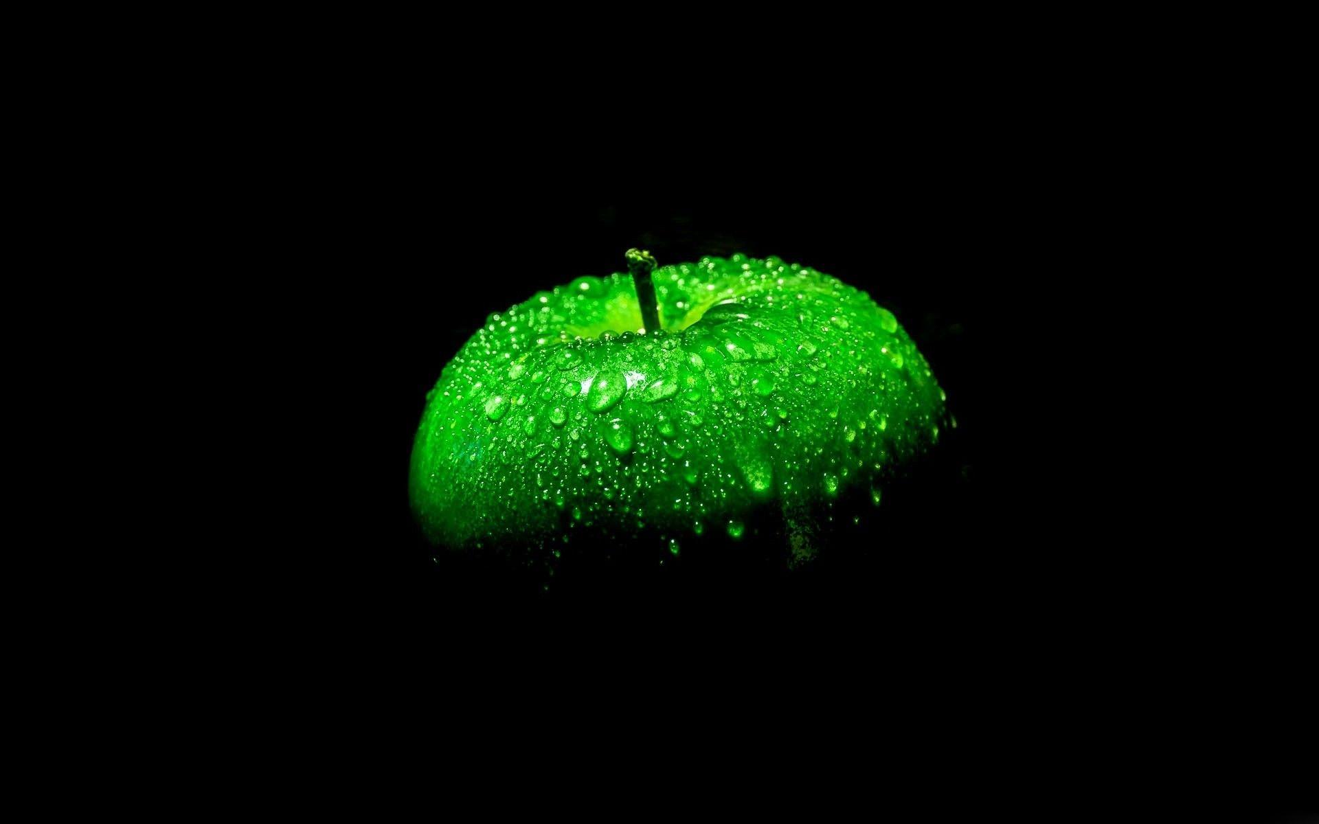 Wallpaper Apple, Green, Droplets, Dark, Photography