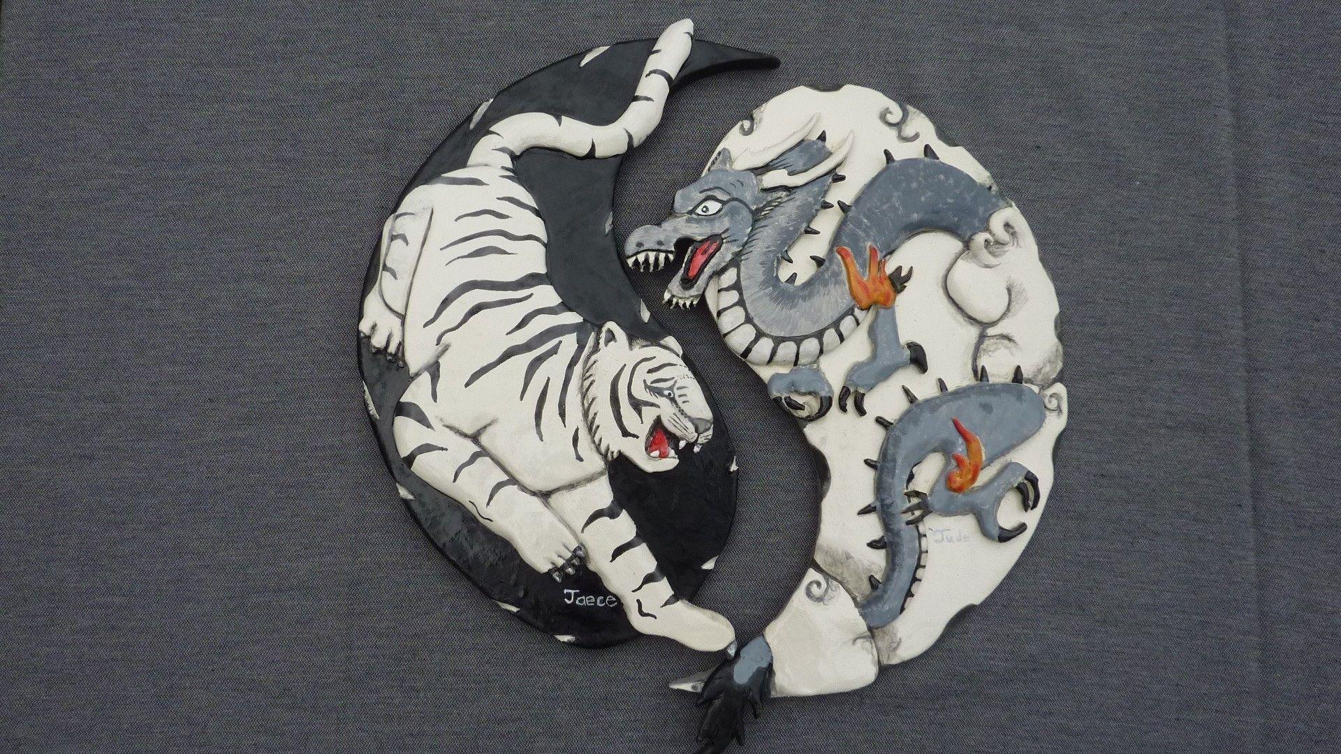 Hand Made White Tiger And Black Dragon, Yin And Yang