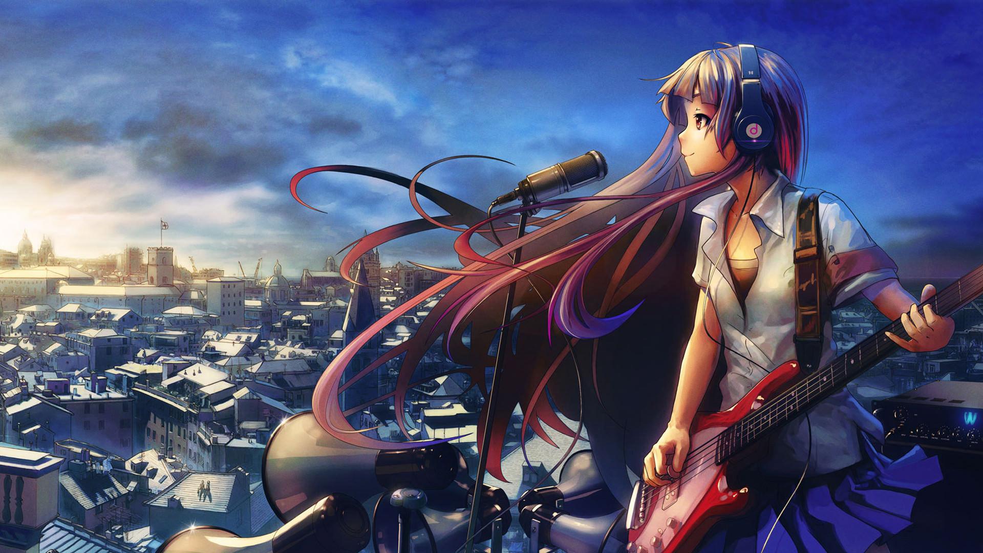 anime girl with guitar full HD wallpaper download 1080p