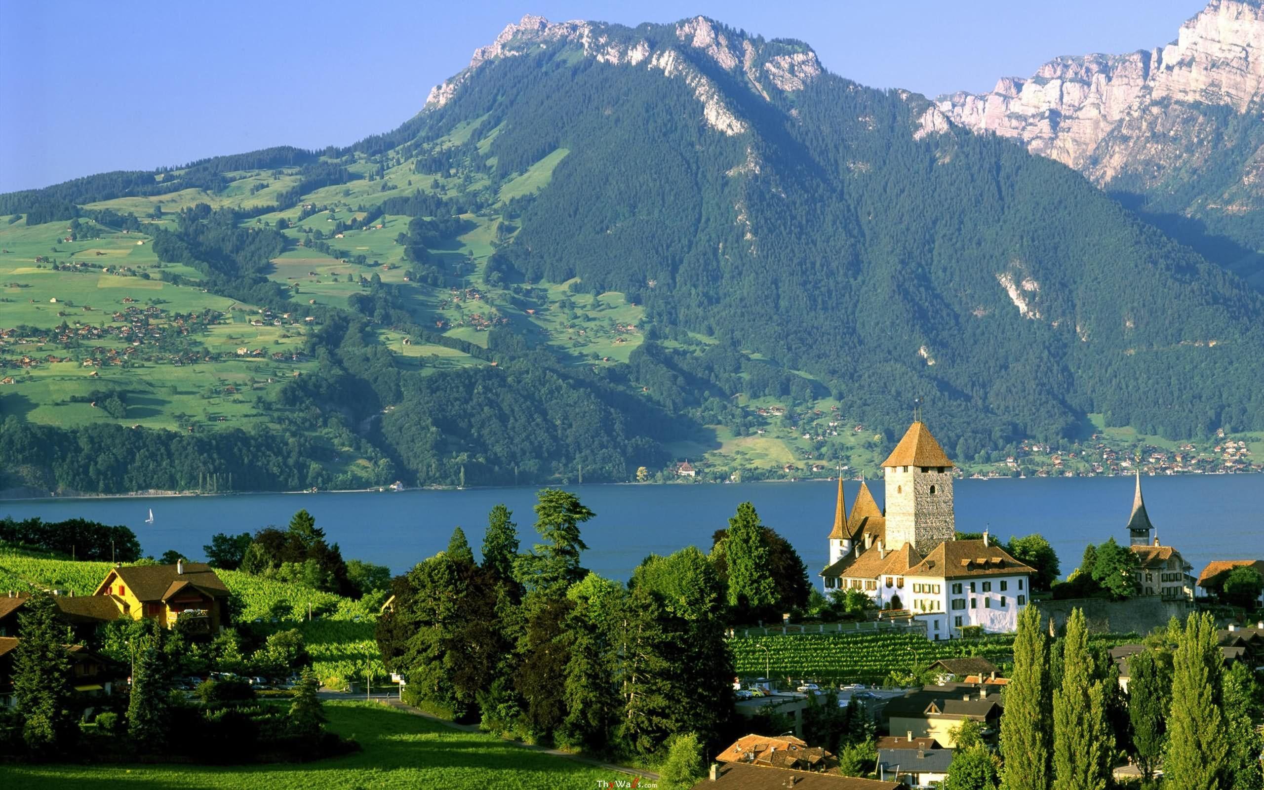 Spiez Castle Lake Thun Switzerland Desktop Background Wallpaper