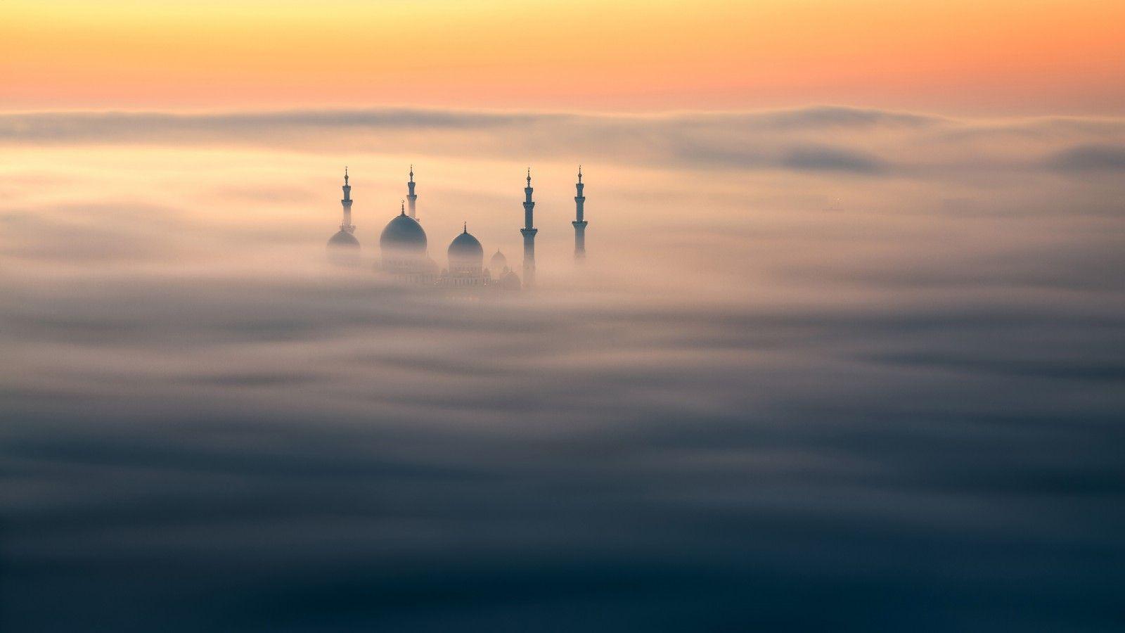 Wallpaper Sheikh Zayed Mosque, Abu Dhabi, Sunrise, Fog, United Arab