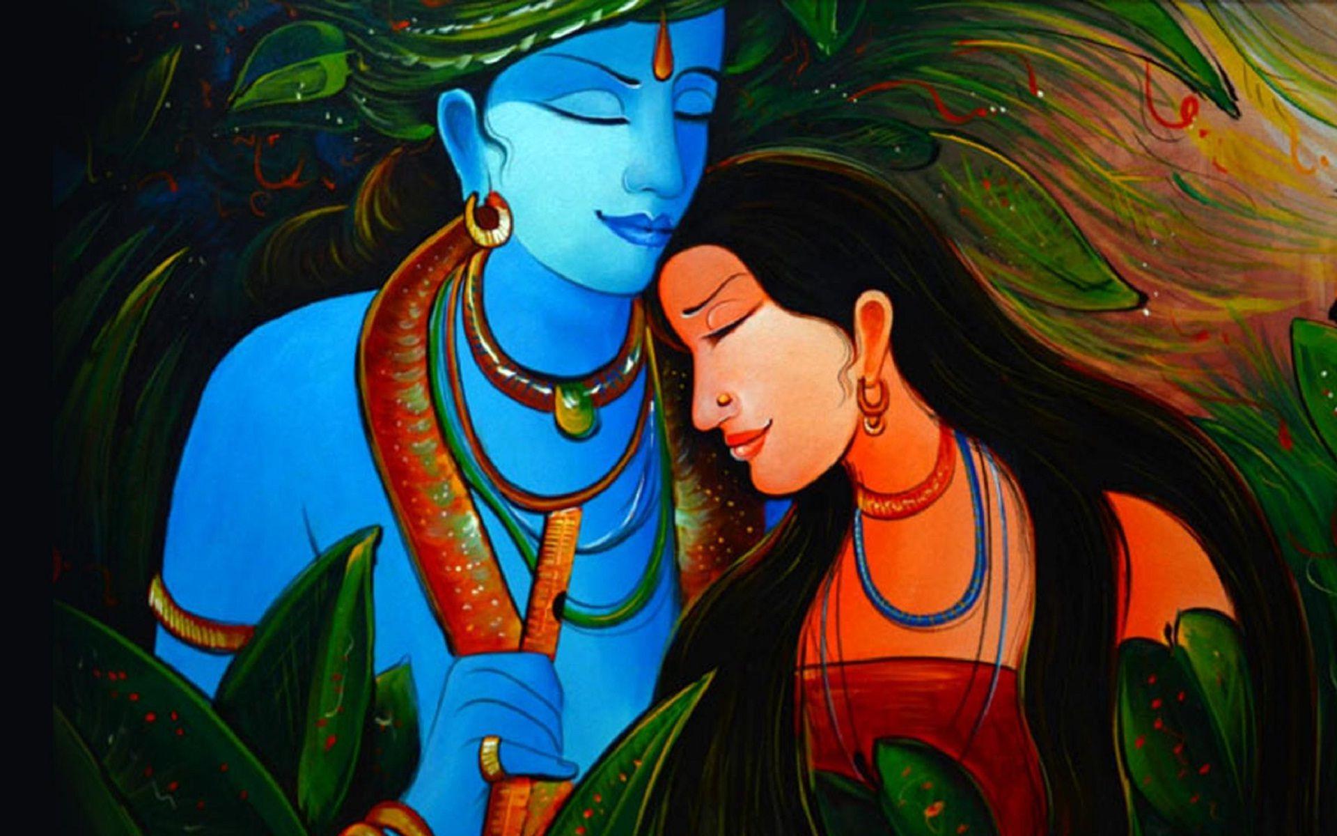 Lord Krishna and Radha love painting poster wide image