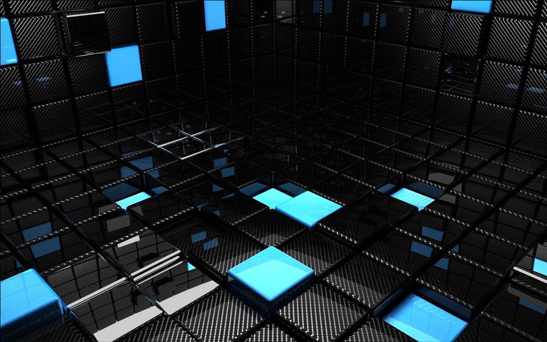 3D view, abstract, blue, black, dark, cubes, reflections