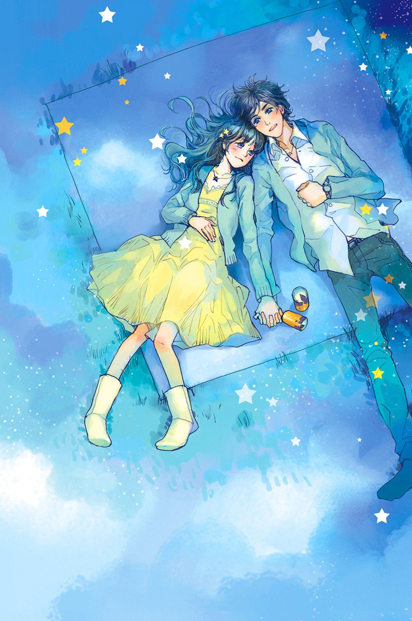Anime couple yellow dress boy love stars romantic blue sky picnic