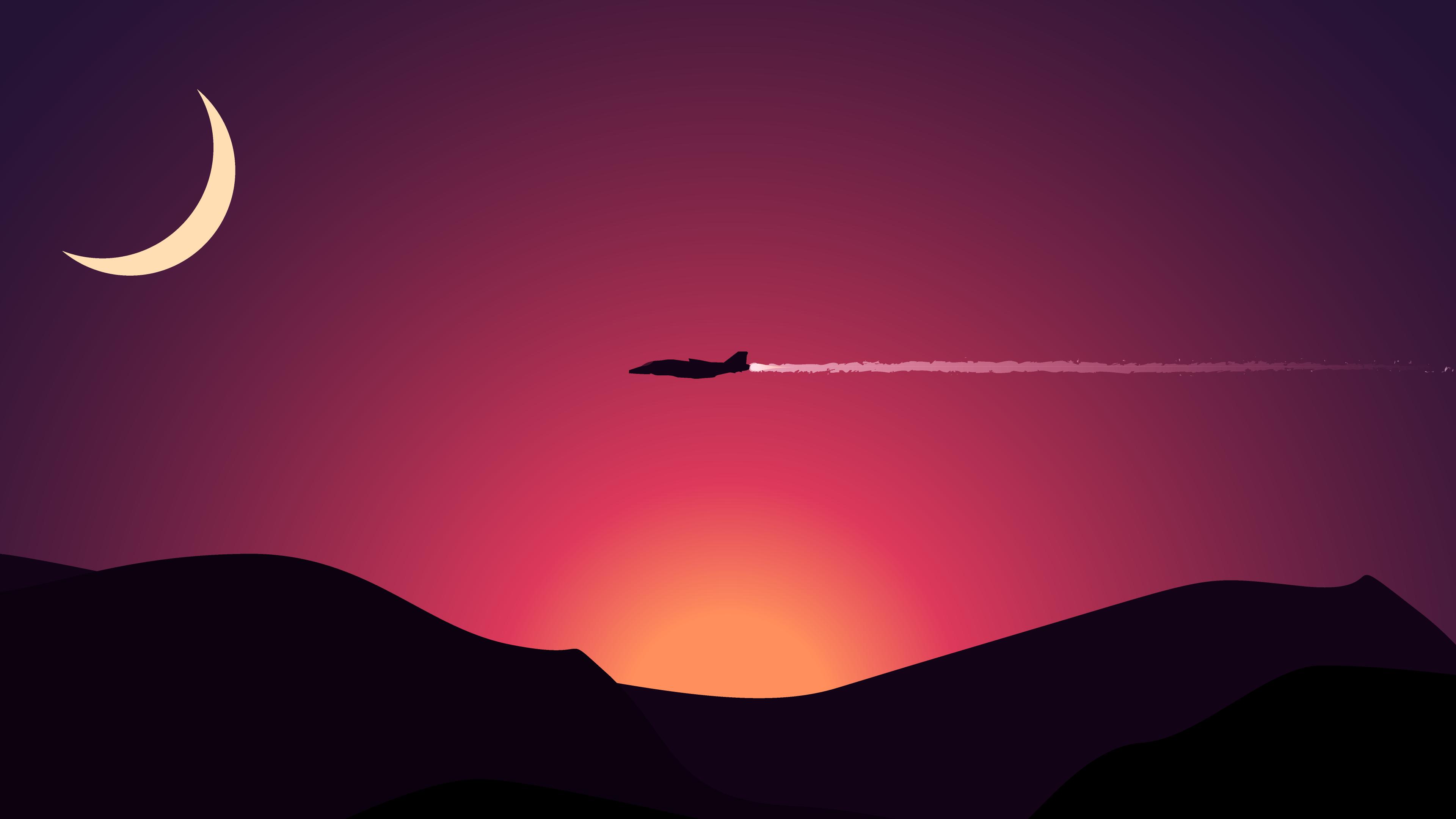 Minimalism Plane Flying Above Mountains Moon 4k sunset wallpaper