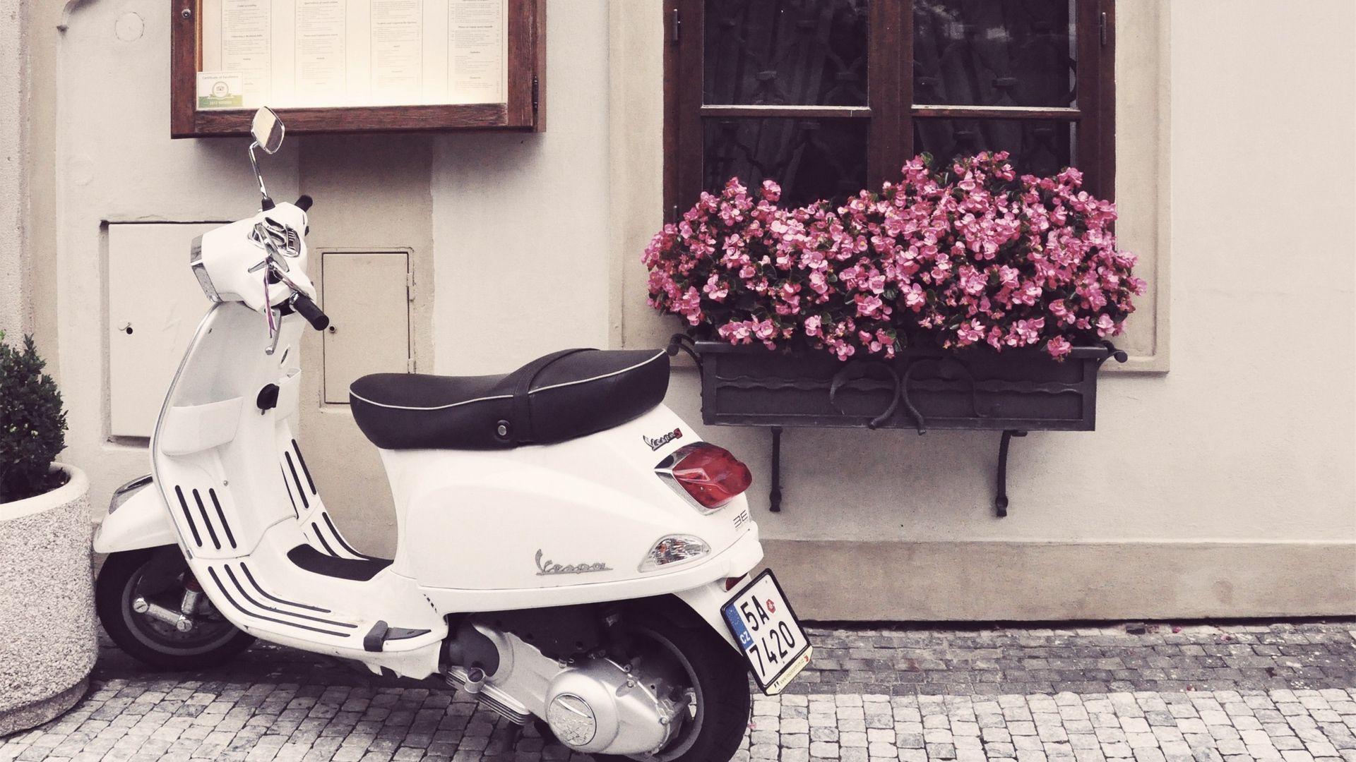 Download wallpaper 1920x1080 vespa, scooter, moped, flowers full HD