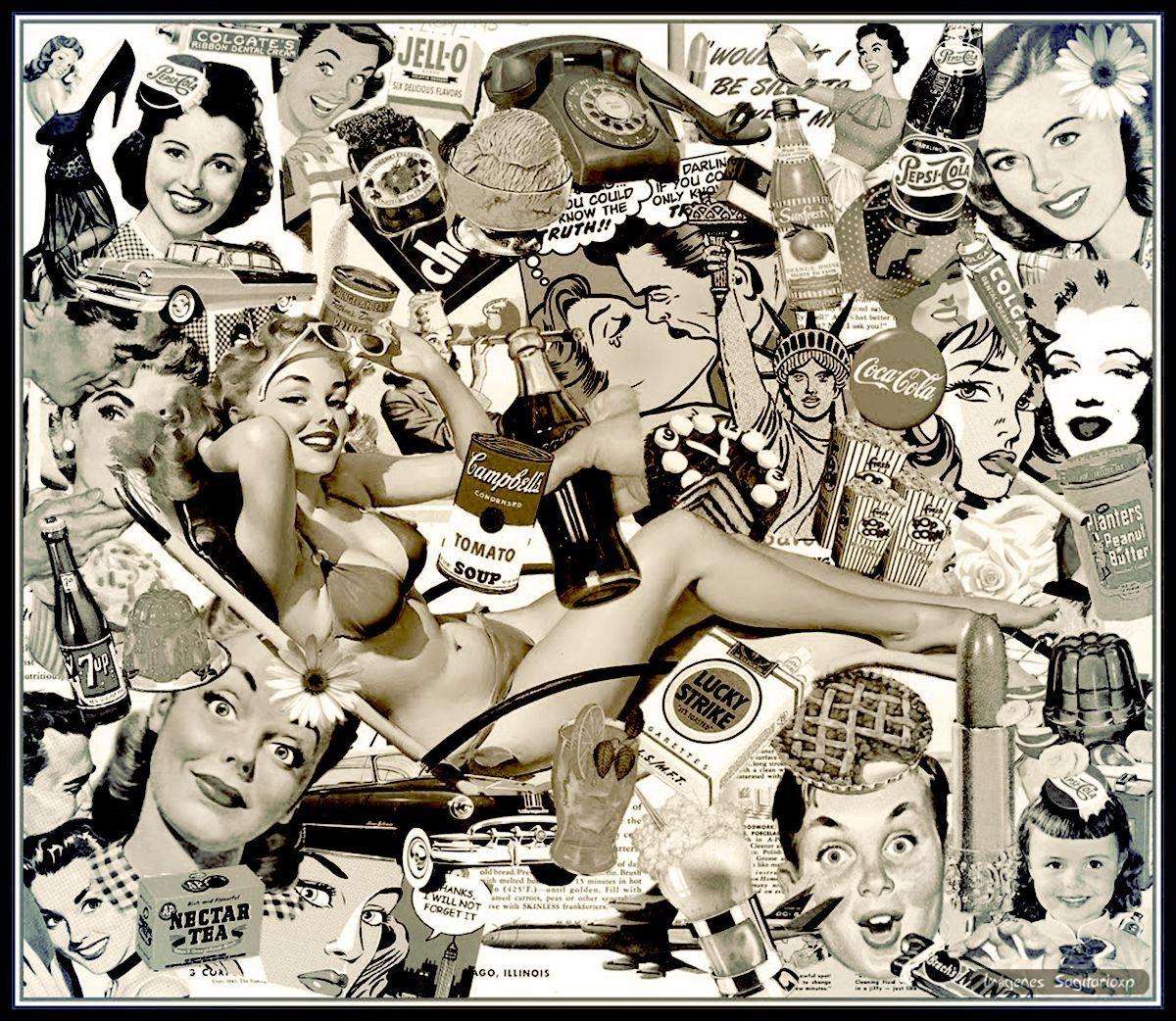 Collage: Retro Anuncios Pin Up. Wallpaper Vintage. Retro