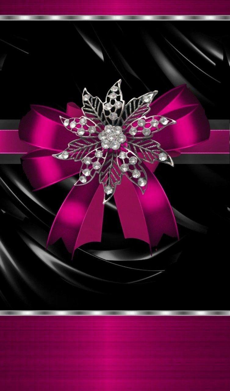 Black and pink and silver sparkly bow. iPhone wallpaper