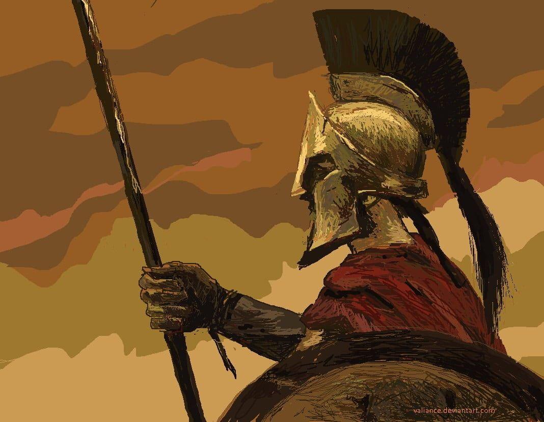 Spartan warrior holding round shield HD wallpaper