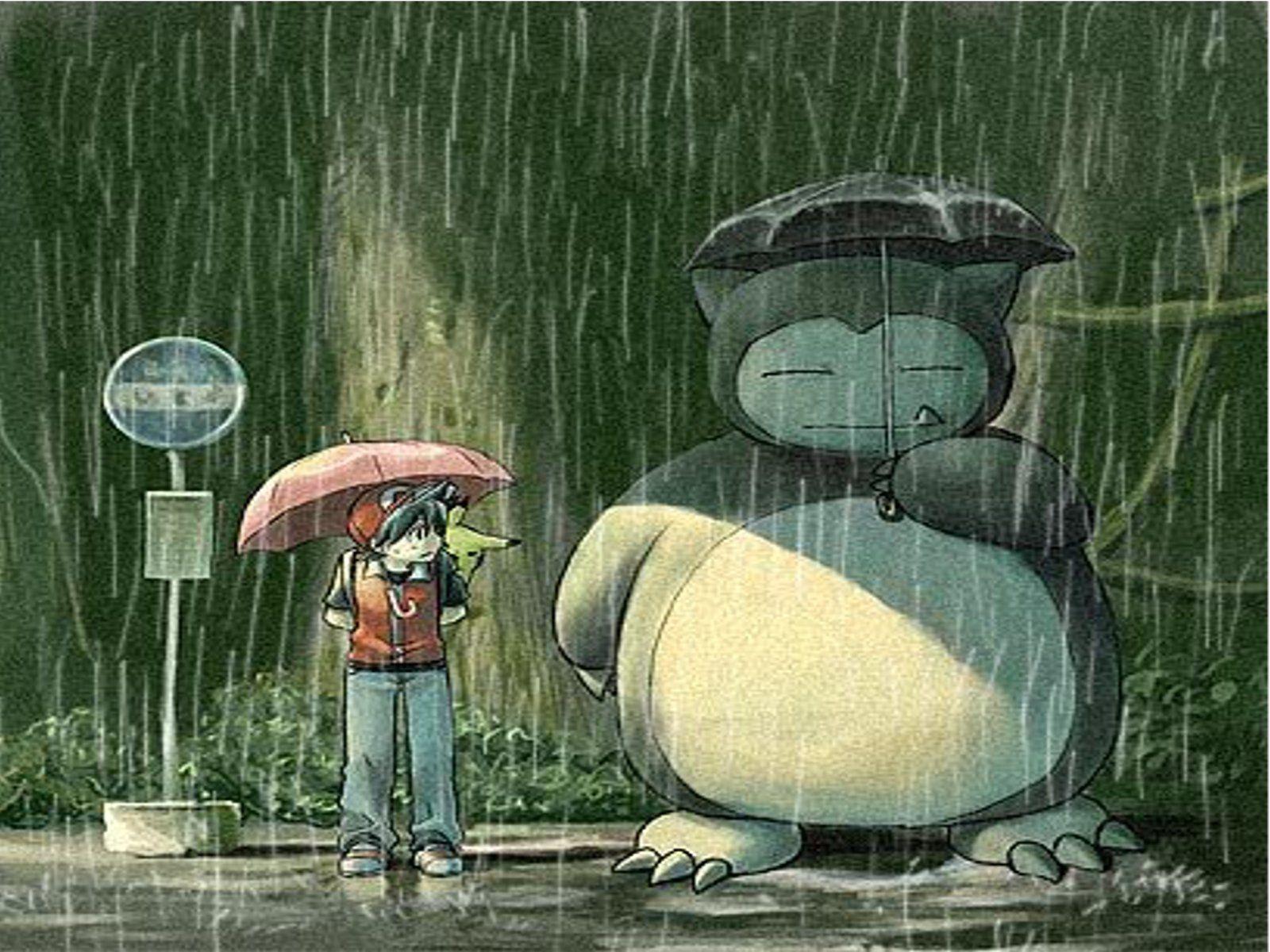 Pokemon rain Totoro parody Snorlax bus stop umbrellas wallpaper