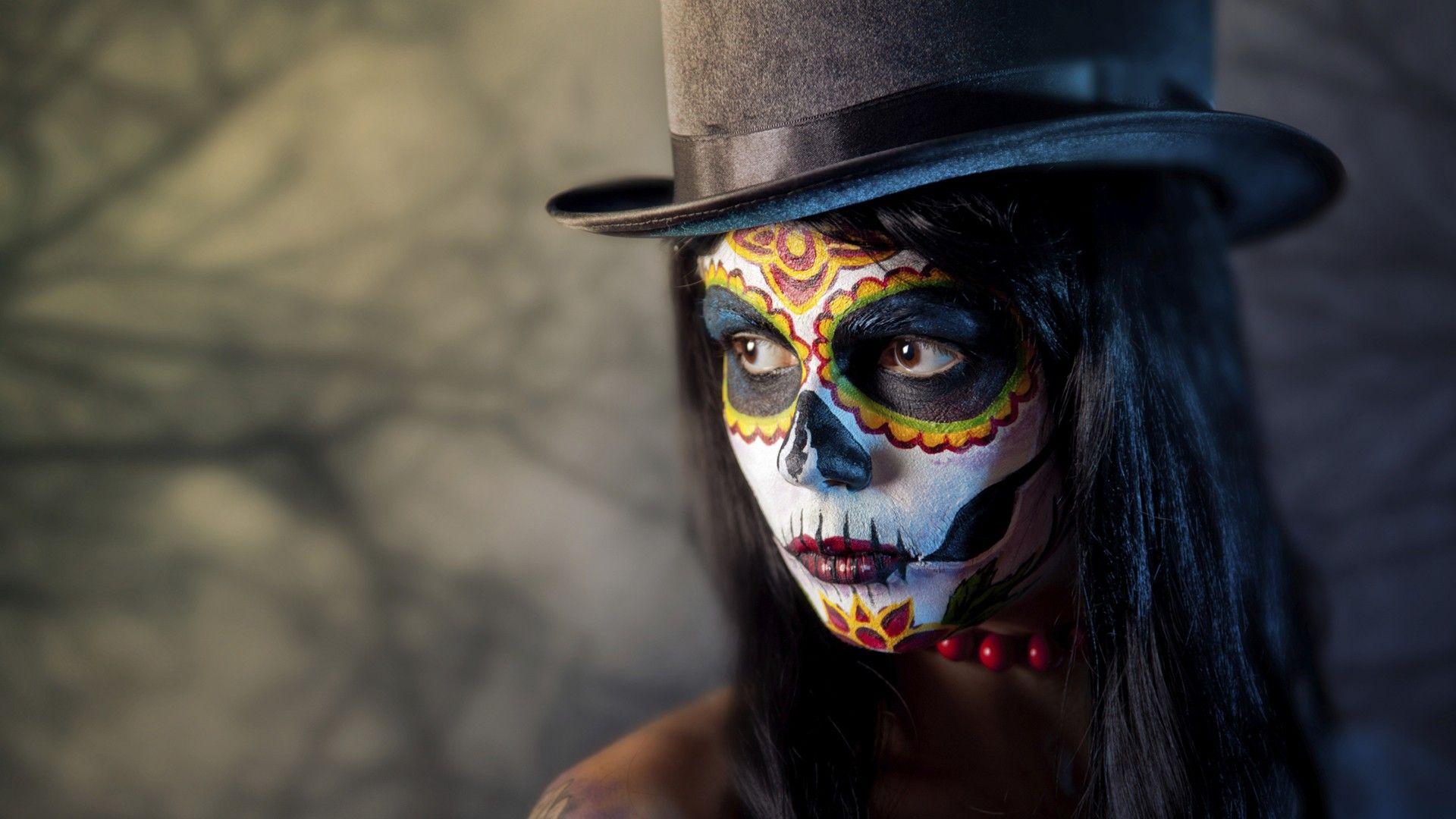 women, Face, Artwork, Photography, Sugar Skull, Top hat, Closeup