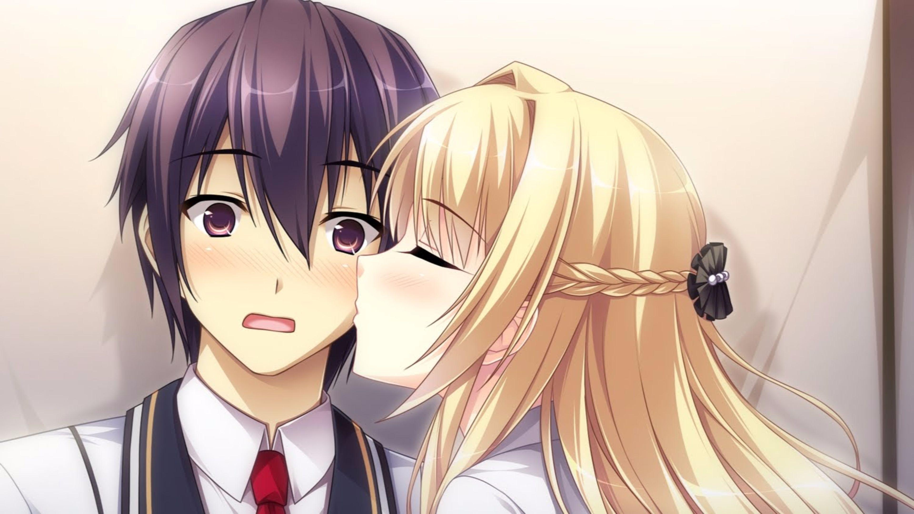 Download Cute Anime Couple Kiss Against Brick Wall Wallpaper |  Wallpapers.com