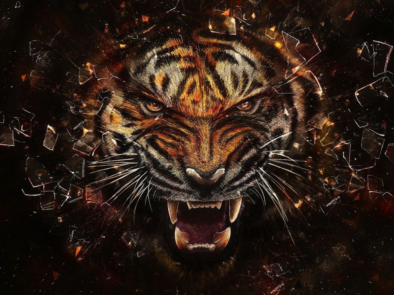 3D Tiger With Glass Breaking Effect. HD 3D and Abstract Wallpaper