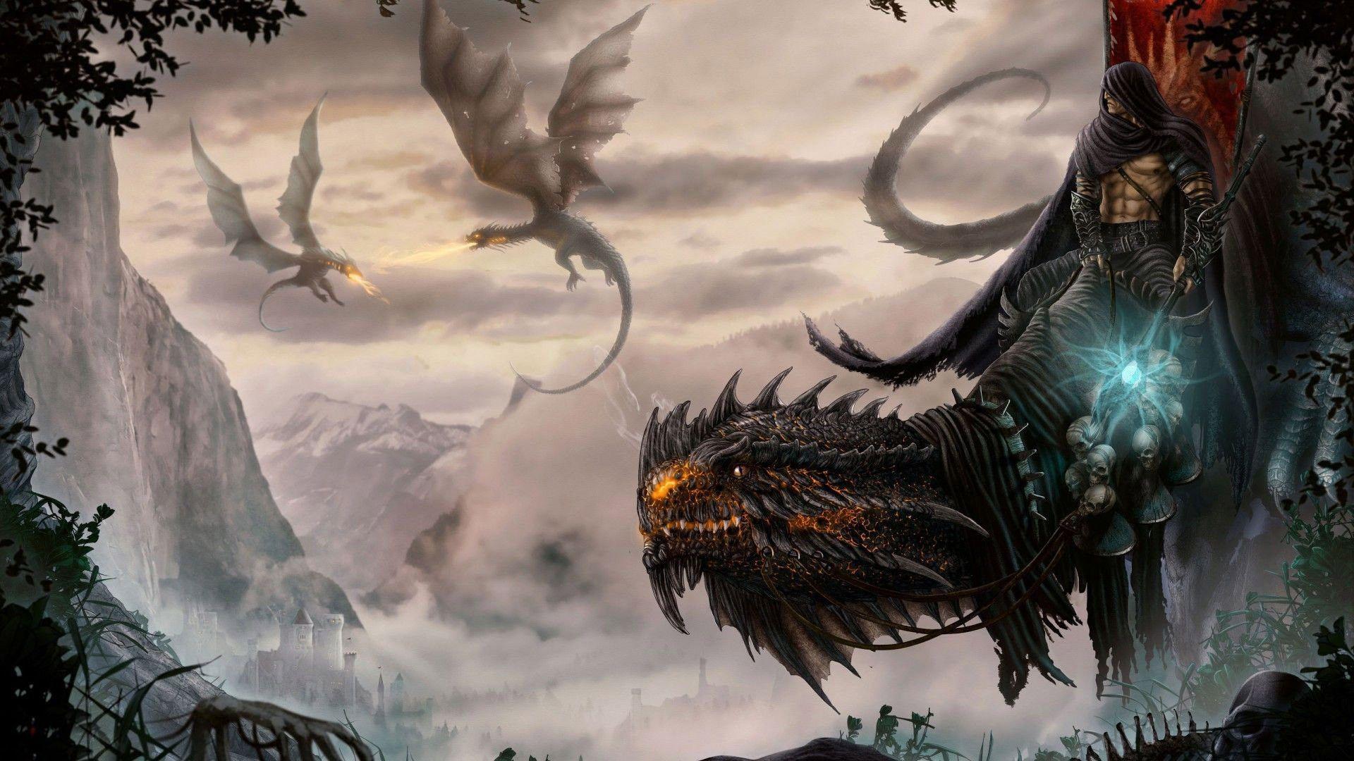 Fantasy Sorcerer Riding Dragon Battle Magic Full HD 1080p Background